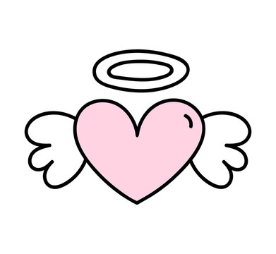 Cute heart with wings and a halo isolated on white background. Vector hand-drawn illustration in doodle style. Perfect for Valentines day designs, cards, decorations.
