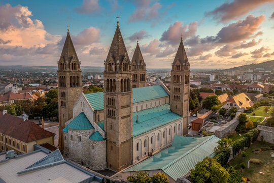 Aerial view of Sts. Peter and Paul's Cathedral Basilica, also called Pcs Cathedral, is a religious building of the Catholic church that serves as the cathedral of the Diocese of Pecs with dramatic sky