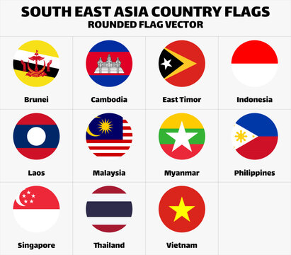 South East Asia Country Flags. Rounded Flat Vector