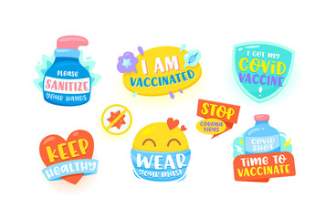 Set of Icons Please Sanitize Hands, I am Vaccinated, I Got Covid Vaccine, Keep Healthy, Wear Mask, Stop Corona Virus