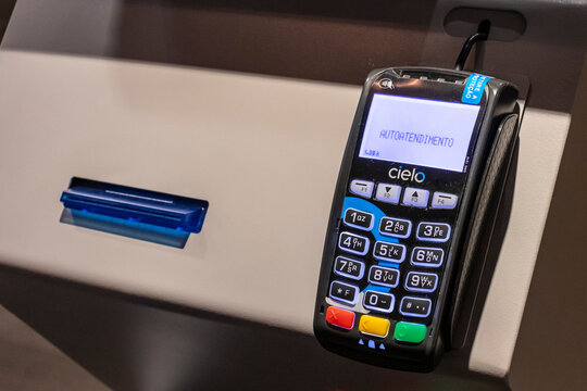 Sao Paulo, Brazil, December 01, 2021. Cielo credit card machine terminal on store with selective focus, in Brazil