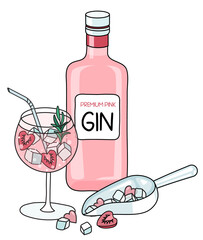 Cute romantic valentines day composition with premium pink Gin in a bottle, tonic cocktail with strawberries and a scoop with heart shaped ice. Doodle cartoon vector illustration isolated on white - obrazy, fototapety, plakaty