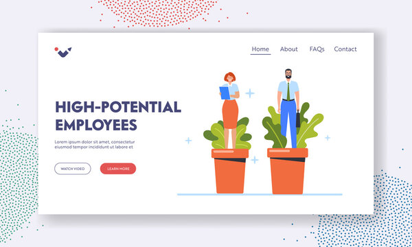 High Potential Employees Landing Page Template. Staff Develop Skills, Business Woman and Man Grow in Flower Pots