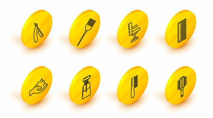 Set line Hairbrush, Cream or lotion cosmetic tube, Shaving gel foam hand, Barbershop chair, and Straight razor icon. Vector