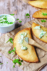 Empanada typical food from Venezuela with guasacaca sauce
