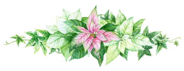 Gordijnen Watercolor Christmas horizontal garland- wreath- frame. Pink and white Poinsettia, ivy leaves. for cards, invitations, holiday decor © Olga