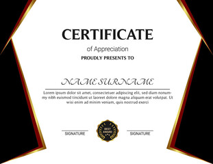 Certificate of appreciation template, gold and blue color. Clean modern certificate with gold badge. Horizontal certificate border template with luxury and modern line pattern. Diploma vector template
