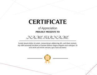 Certificate of appreciation template, gold and blue color. Clean modern certificate with gold badge. Horizontal certificate border template with luxury and modern line pattern. Diploma vector template