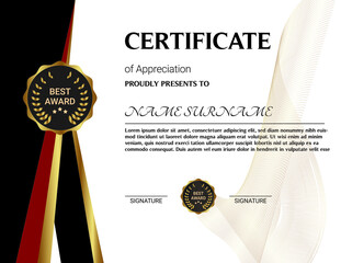 Certificate of appreciation template, gold and blue color. Clean modern certificate with gold badge. Horizontal certificate border template with luxury and modern line pattern. Diploma vector template