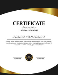Certificate of appreciation template, gold and blue color. Clean modern certificate with gold badge. Horizontal certificate border template with luxury and modern line pattern. Diploma vector template