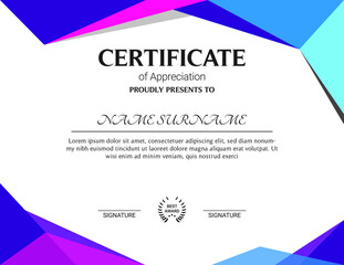 Certificate of appreciation template, gold and blue color. Clean modern certificate with gold badge. Horizontal certificate border template with luxury and modern line pattern. Diploma vector template