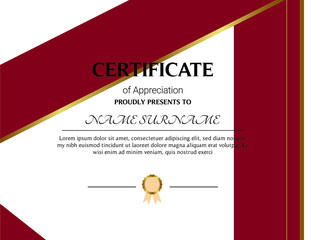 Certificate of appreciation template, gold and blue color. Clean modern certificate with gold badge. Horizontal certificate border template with luxury and modern line pattern. Diploma vector template