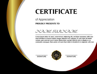 Certificate of appreciation template, gold and blue color. Clean modern certificate with gold badge. Horizontal certificate border template with luxury and modern line pattern. Diploma vector template