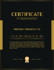 Certificate of appreciation template, gold and blue color. Clean modern certificate with gold badge. Horizontal certificate border template with luxury and modern line pattern. Diploma vector template