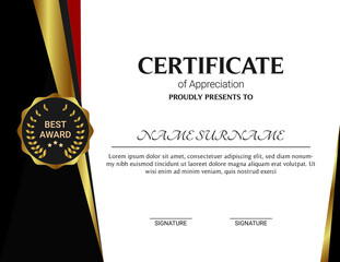 Certificate of appreciation template, gold and blue color. Clean modern certificate with gold badge. Horizontal certificate border template with luxury and modern line pattern. Diploma vector template
