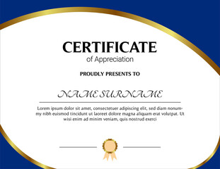 Certificate of appreciation template, gold and blue color. Clean modern certificate with gold badge. Horizontal certificate border template with luxury and modern line pattern. Diploma vector template