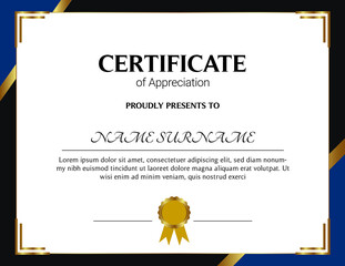 Certificate of appreciation template, gold and blue color. Clean modern certificate with gold badge. Horizontal certificate border template with luxury and modern line pattern. Diploma vector template