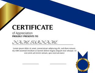 Certificate of appreciation template, gold and blue color. Clean modern certificate with gold badge. Horizontal certificate border template with luxury and modern line pattern. Diploma vector template