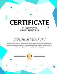 Certificate of appreciation template, gold and blue color. Clean modern certificate with gold badge. Horizontal certificate border template with luxury and modern line pattern. Diploma vector template