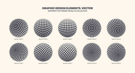 Assorted Various Vector 3D Balls In Different Positions With Straight And Cross Hatching Art Pattern Set Isolated On White Background. Graphic Black White Various 3D Spheres Design Elements Collection