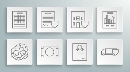 Set line Crumpled paper ball, Contract with shield, Stacks money cash, Certificate template, Delivery cargo truck, Medical hospital building, Document graph chart and Report file document icon. Vector
