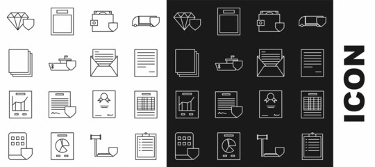 Set line Clipboard with checklist, Report file document, Document, Wallet and money shield, Ship, Clean paper, Diamond and Mail e-mail icon. Vector