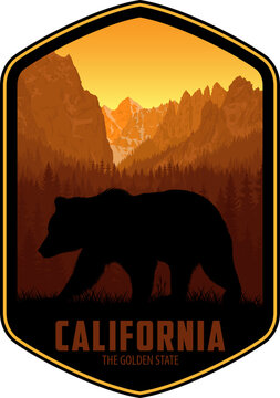 California vector label with black bear in Yosemite National Park