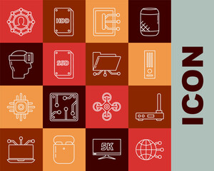 Set line Global technology or social network, Router and wi-fi signal, Video game console, Tablet, SSD card, Virtual reality glasses, Project team base and Folder lock icon. Vector