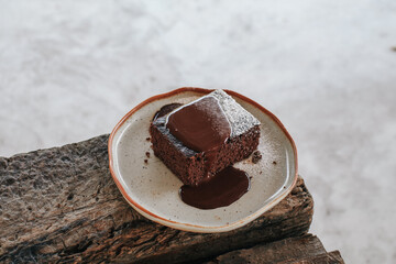 Delicious chocolate cakes with chocolate sauce. Sweet food. Sweet dessert. Close up.