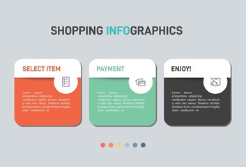 Concept of shopping process with 3 successive steps. Three colorful graphic elements. Timeline design for brochure, presentation, web site. Infographic design layout.