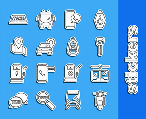 Set line Scooter, Cable car, Car key, Taxi call telephone service, Map pointer with taxi, Folded map location marker, roof and remote icon. Vector