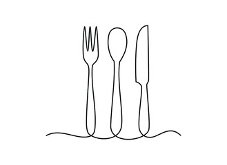 Continuous One Line Drawing. Spoons, Forks, Knife, Eating Utensils. 