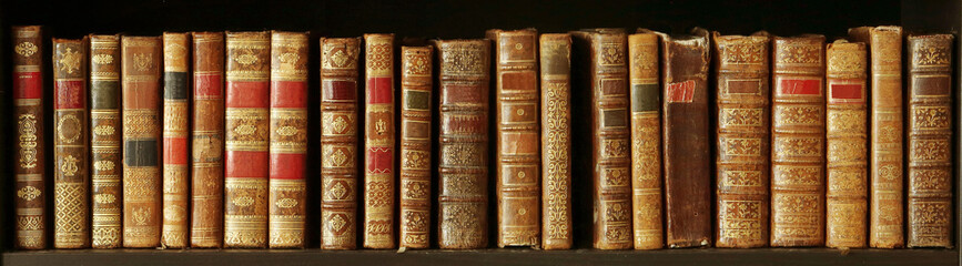 old books on wooden shelf