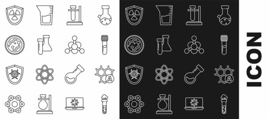 Set line Test tube and flask chemical, Chemical formula, on stand, Bacteria, Radioactive in shield and icon. Vector
