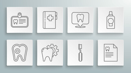 Set line Tooth with caries, Clipboard dental card, treatment procedure, Toothbrush, Dental clinic location, Mouthwash plastic bottle and Id tooth icon. Vector