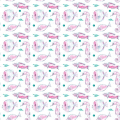 Watercolor sea life seamless pattern,digital paper. Ocean wildlife, sea fishes drawing in blue indigo and pink colors. Great for scrapbooking, background, wallpaper, wrapping paper, fabric and textile