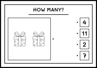 How many gift box, game for children. Vector illustration, printable worksheet