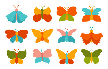 Fototapeta premium Butterfly exotic simple trend flat set. Elegant modern butterflies and moths isolated collection. Abstract stylized tropical insect wings. Wildlife childrens symbol, decorative design elements vector