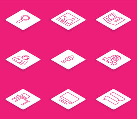 Set line Magnifying glass, Online education, Open book, Student, Microphone, Computer network, monitor and desk and screen icon. Vector