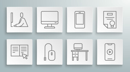 Set line Online book, Computer monitor screen, mouse, and desk, play video, Mobile phone, Certificate template and Student working laptop icon. Vector