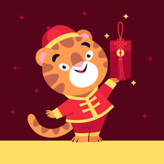 Fototapeta premium Vector cartoon tiger character. A vector tiger in Chinese New Year costume with red money envelope. The symbol of the 2022 according to the eastern calendar. Cute character for cards, posters, banners
