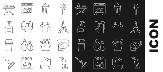 Set line Vacuum cleaner, Toilet paper roll, Handle broom, Trash can, Cleaning service, Bottle of liquid soap, Iron ironing board and Drying clothes icon. Vector