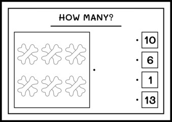 How many Bone, game for children. Vector illustration, printable worksheet