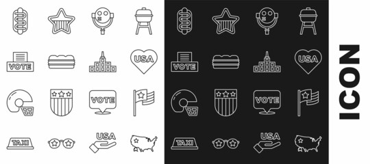 Set line USA map, American flag, Independence day, Tourist binoculars, Sandwich, Vote box, Hotdog sandwich and City landscape icon. Vector