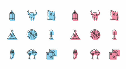 Set line Tooth, Indian headdress with feathers, Dynamite bomb, Game dice, Old wooden wheel, Shovel, teepee or wigwam and Buffalo skull icon. Vector © Oksana
