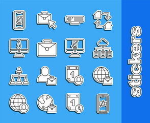 Set line Video camera Off on mobile, Online working, Web, Briefcase, chat conference, Mute microphone and computer icon. Vector