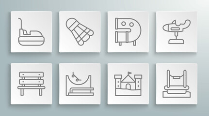 Set line Bench, Badminton shuttlecock, Skate park, Sand castle, Bungee, Kid playground slide pipe, Swing plane and Bumper car icon. Vector