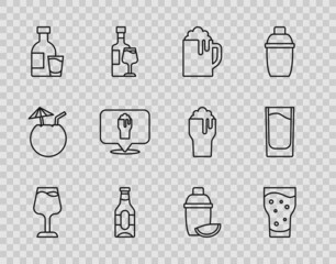 Set line Wine glass, Glass of beer, Wooden mug, Beer bottle, Bottle vodka with, Alcohol or bar location, Cocktail shaker lime and Shot icon. Vector
