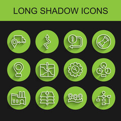 Set line Factory, Layers, Delivery tracking, Location, Hierarchy organogram chart, Intersection point, Pie infographic and Wrench and gear icon. Vector