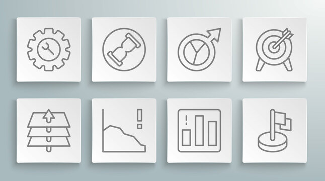 Set line Layers, Old hourglass with sand, Financial growth decrease, Pie chart infographic, Flag, Target and Wrench gear icon. Vector